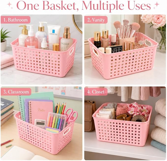 6 Pack Plastic Classroom Storage Baskets, Organizer Bins with Handle | Pink Color 11" × 7.1" × 4.6" Medium Papers Book Storage Organizer for School Classroom Library Office Home Desktop Bookshelf
