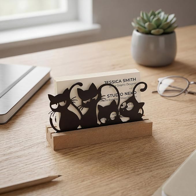 CroBlissful 2 Pcs Cat Business Card Holders for Desk, Wood & Metal Black Funny Business Card Display Cats Silhouette Stand for Home Office