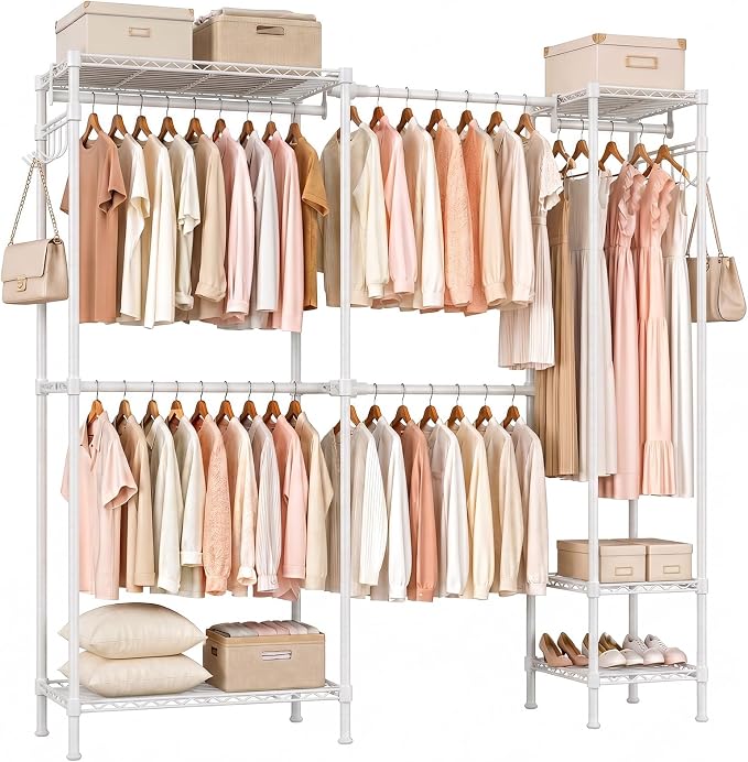 Kryonix 900lbs Expandable Garment Rack - White | Adjustable 70"-88.2" wide with 5 rods & 6 shelves. 900lbs cap. Freestanding metal closet organizer for bedroom laundry.