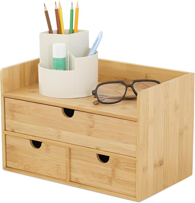 Bamboo Desk Organizer with Drawers, Desktop Storage for Office Supplies | 3 Drawers Desktop organizer, No Assembly Required, Natural Wood Wooden Desktop Drawers Box for Bills, Cosmetics, Seals, Paper