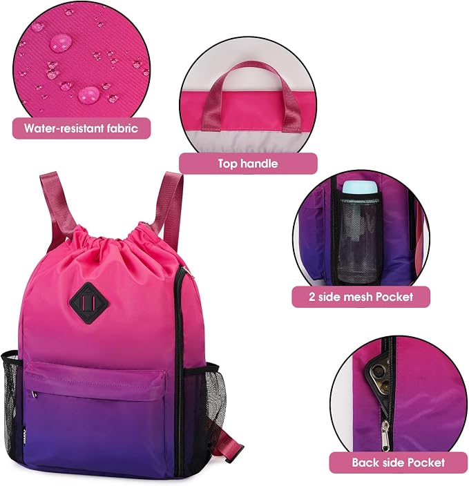 WANDF Drawstring Backpack with Shoe Compartment, Sports Gym Bag | Multi-Pocket Storage, Water-Resistant Fabric, Cinch String Bag