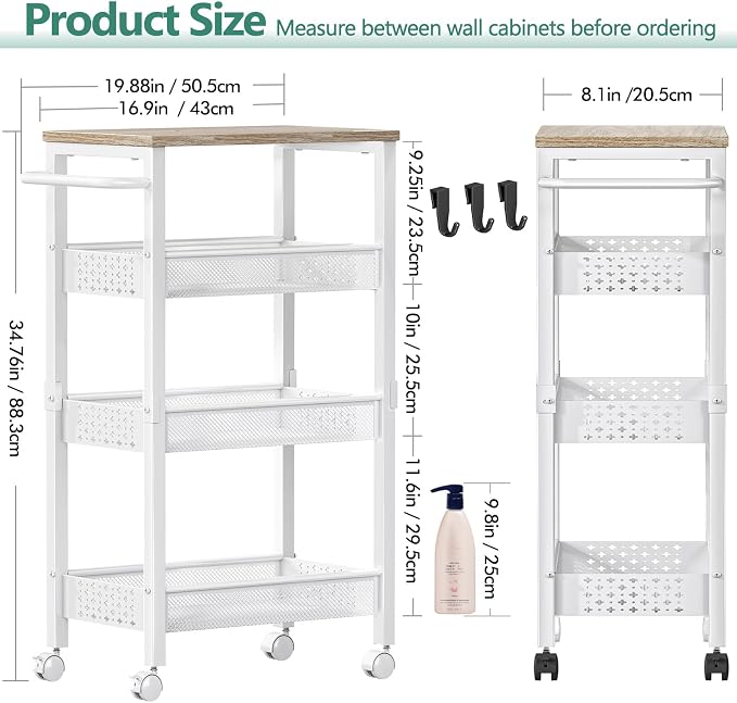 Vivihomety Utility Slim Storage Cart with Wheels, 4 Tier Small Rolling Cart with Wood Top, Metal Kitchen Bathroom Laundry Room Organization Trolley with Handle for Narrow Space - White