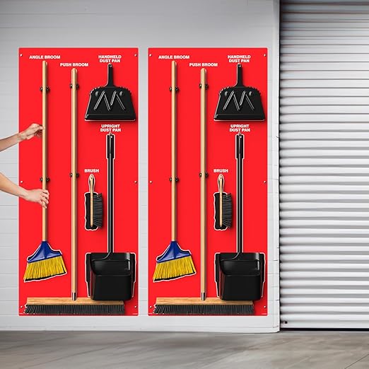Clean & Sweep 5S Shadow Board/Wall Mount Broom Holder, 68" x 30" Board, 5S Cleaning Station - with Broom and Dustpan Set Included, Made in The USA by AccuformNMC, Red/Black, PSB116RDBK