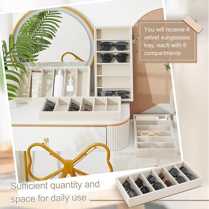 Juexica 4 Pcs Velvet Sunglasses Organizer Tray 6 Grid Sunglass Organizer Velvet Tray Stackable Glasses Display Case for Women Glasses Jewelry Display Watch (Beige)