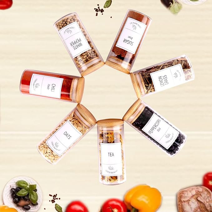 Churboro 24 Pack 4oz Glass Spice Jars with Bamboo Lids, 400 Labels | Empty Spice Bottles with Labels, Airtight Wood Lids, Funnel & Chalk Pen. Keep Seasoning Containers Neat and Organized