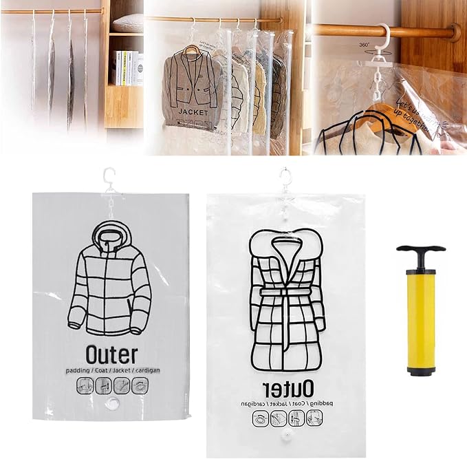 FETNHU Hanging Compressible Storage Bag, Hanging Vacuum Storage Bags with Pump, Reusable Space Saver Vacuum Storage Bags for Home Closet Organization Compression Seal (2PCS,1Set(S+M))