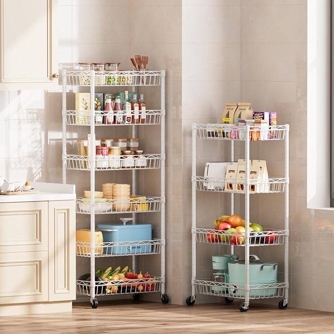 SINGAYE 6 Tier Shelf Wire Shelving Adjustable Storage Shelves Basket Rack | Adjustable Shelves with Wheels Metal Storage Unit Closet Bathroom Organizers Pantry Kitchen Garage Laundry Room White