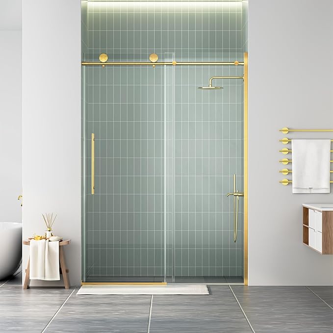 WinZo Frameless Shower Door 50-54 in W x 75 in H, Sliding Shower Door with 5/16"(8mm) Clear Tempered Glass Shower Door, Easy to Clean Bathroom, Silent Soft-Close Design, Brushed Gold