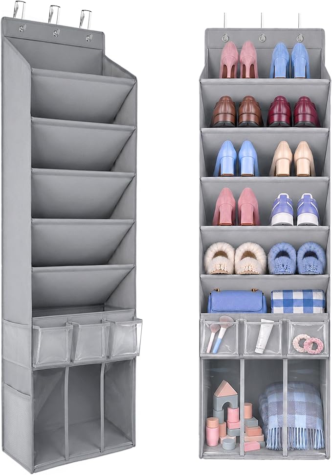 3in1 Over The Door Shoe Organizer with 5 Slanted Compartments,Removable Storage Bin & Transparent Pockets,Thickened Waterproof Oxford Fabric Shoes Rack for Shoes,Boots,Toys,Daily Essentials. (Grey)