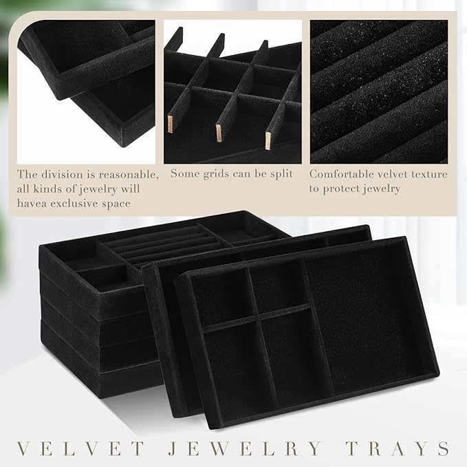 Junkin 18 Pcs Jewelry Drawer Organizer Inserts, Stackable Jewelries Inserts for Dresser Drawers, Drawer Insert Organizers Velvet Jewelry Trays for Rings Earring Bangle Necklace(Black)
