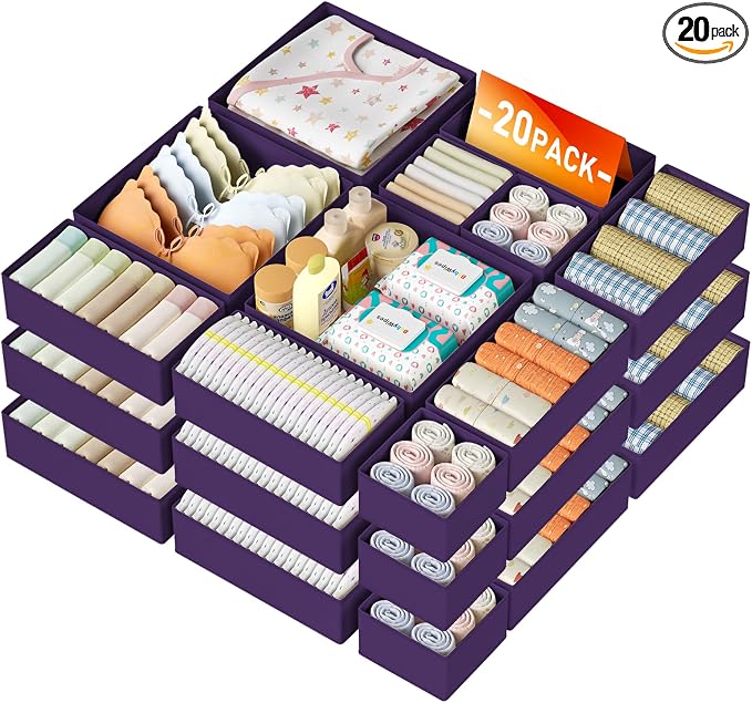 DIMJ Drawer Organizer Clothes Storage - 20 Pack Baby Dresser Organizer for Nursery, Foldable Closet Drawer Bins for Bedroom Organization, Fabric Storage Dividers for Socks, Underwears, Purple