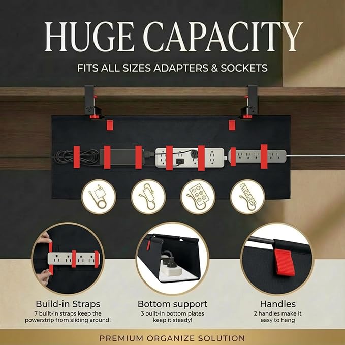 Under Desk Cable Management,No Drill 36",cord organizer,with Silicone Pads (No Scratch!)16 Cable Ties,Washable PE Honeycomb Base,Clamp/Screw Mount-Fits Any Desk 0-2.1",No Stinky Cardboard! Black