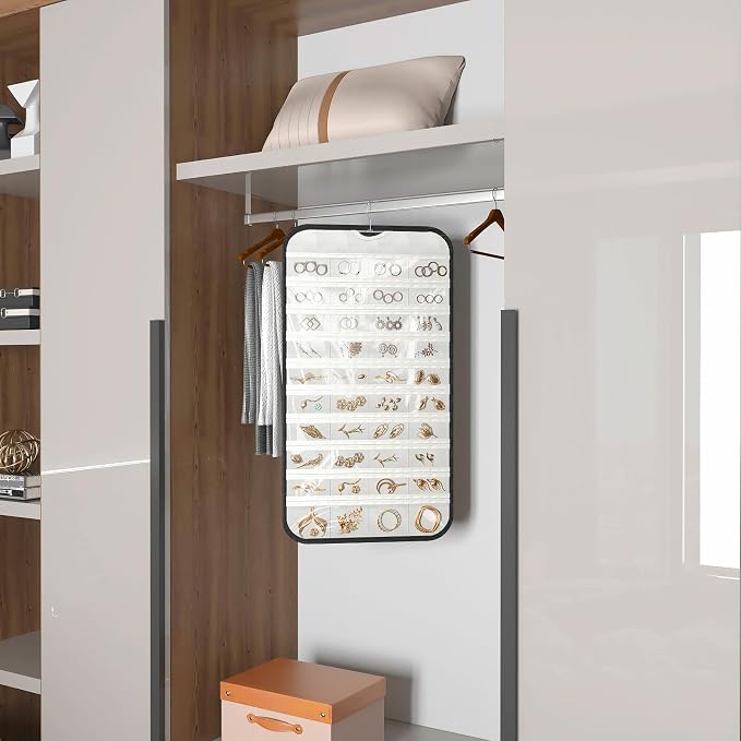 Hanging Jewelry Organizer, 80-Pocket Double-Sided, 2-Pack, Black and White | Foldable clear PVC 80-pocket storage; swivel hook fits walls, doors & rods to organize earrings, necklaces, bracelets & rings