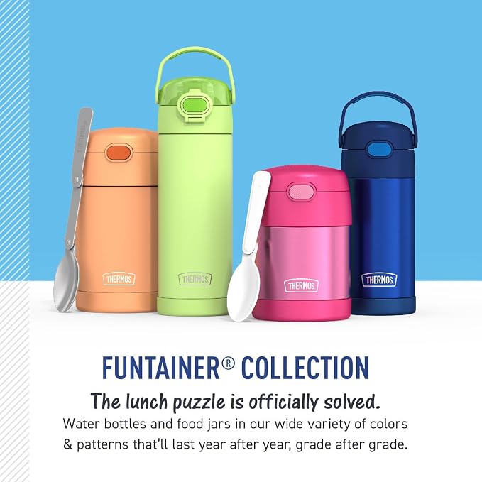 THERMOS FUNTAINER Insulated Food Jar, 10 Ounce, Kid Friendly Food Jar with Foldable Spoon, Robot Doodles