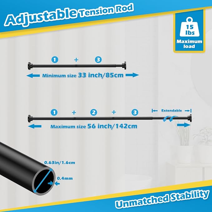 2pcs Tension Curtain Rod 33 to 56 Inch No Drilling Spring Tension Rod Adjusting Black Curtain Rod No Drilling Non-Slip Expandable Spring Loaded Curtain Tension Rods for Window, Doorway, Closet