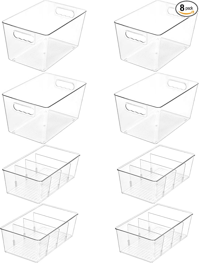 Vtopmart 8 Pack Clear Plastic Storage Bins Set, 4 Large Pantry Organizer Bins with Handle and 4 Medium Snack Organizer Bins with 4-Compartment for Pantry, Kitchen, Fridge, Cabinet Organization