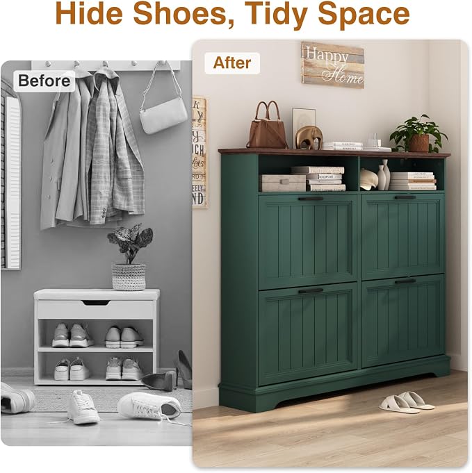 Shoe Storage Cabinet with 4 Flip Drawers, 47" W Farmhouse Modern Hidden Shoes Rack Cabinet with Adjustable Shelves & Open Storage, Narrow Slim Shoe Organizer for Front Door Entrance, Entryway, Green