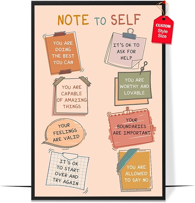 LOLUIS Mental Health Poster, Boho Therapy Tools Educational Supplies Art Print Classroom School Office Decor (Note To Self, Custom Frame Type)