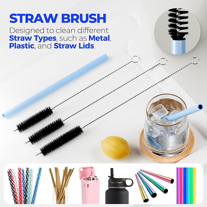 Holikme 6 Pack Bottle Brush 14" Stainless Steel Straw Cleaner Brush,Black | Bottle Cleaner Brush, 3 Straw, Bottle Cleaning Brush for Water Bottle, Baby Bottle Brush, Antistatic Brushes