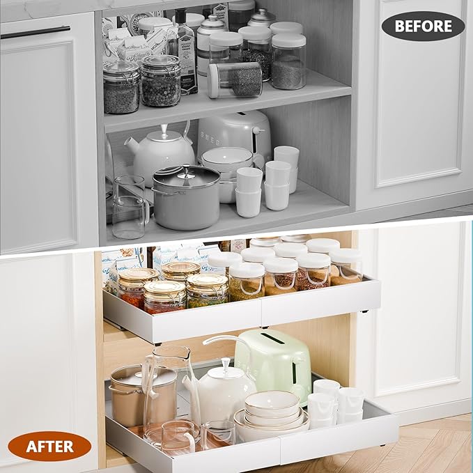 2 Pack 21" Deep Pull Out Cabinet Organizer, Expandable(12.5"-20.5") Slide Out Drawer, Pull Out Drawer Storage Organizer with Adhesive for Kitchen Bathroom Home, White