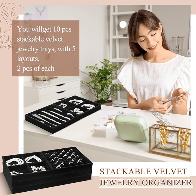 Cinnvoice Set of 10 Stackable Jewelry Organizer Trays for Drawer 14 Inch Velvet Jewelry Drawer Insert Display Storage with Removable Divider for Necklace Earring Ring Watch Bracelet (Black)