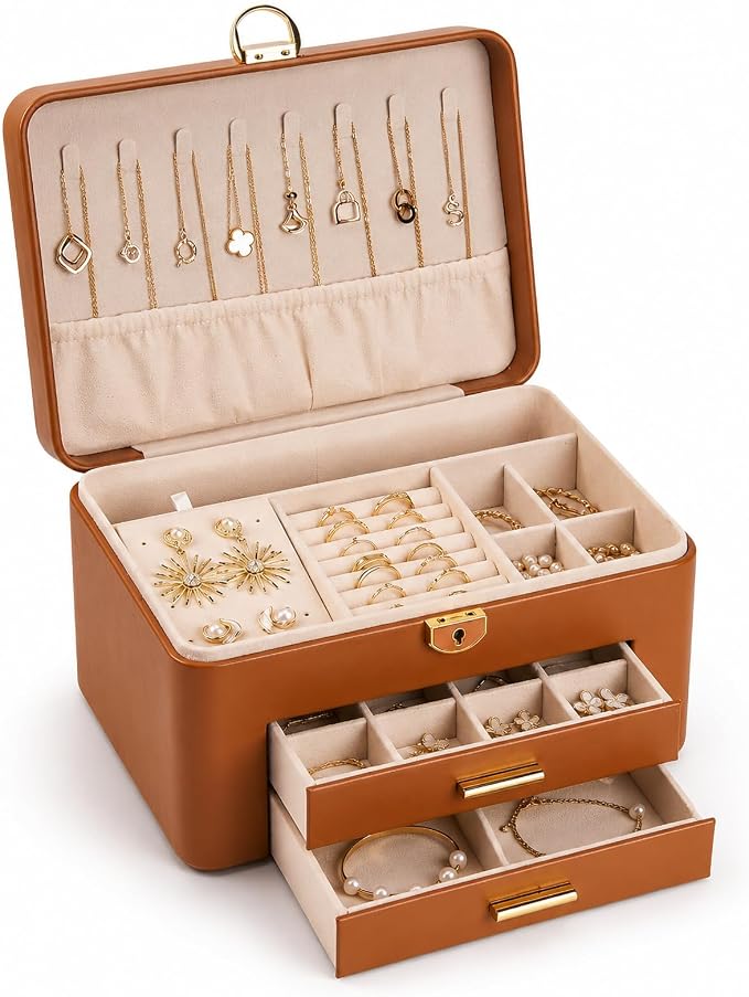 Jewelry Box for Women, Large Dresser Top Organizer with 3 Layers & 2 Drawers, PU Leather Storage Case for Earrings, Necklaces, Rings, Giftable Vanity Box (brown)