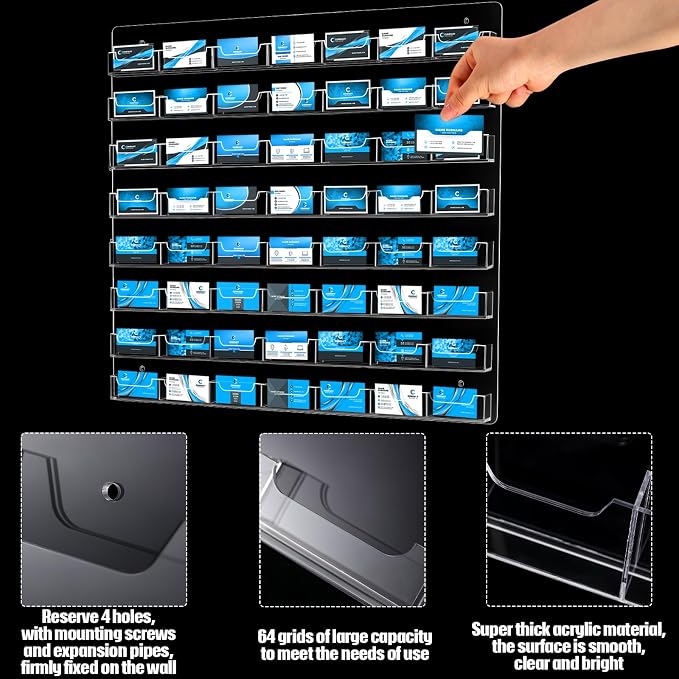 Hillban Acrylic Business Card Holder Wall Mount Clear Sticker Display Rack Multiple Card Holders Clear Acrylic Organizing Sticker Display Stand Pre Drilled (56 Pockets)
