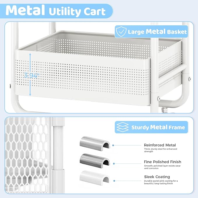 Metal Rolling Storage Cart with 3 Drawers - Utility Cart on Wheels with Pegboard & Wood Tabletop, Multifunctional Trolley Organizer with Hooks & Bin for Living Room,Bedroom,Craft Room,Office,Kids Room