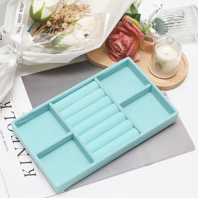 Velvet Jewelry Trays for Drawers, Blue Stackable Jewelry Drawer Organizer Inserts, Ring Earring Necklace Bracelet Holder Organizer Storage Display Tray with Removable Dividers, 3-in-1