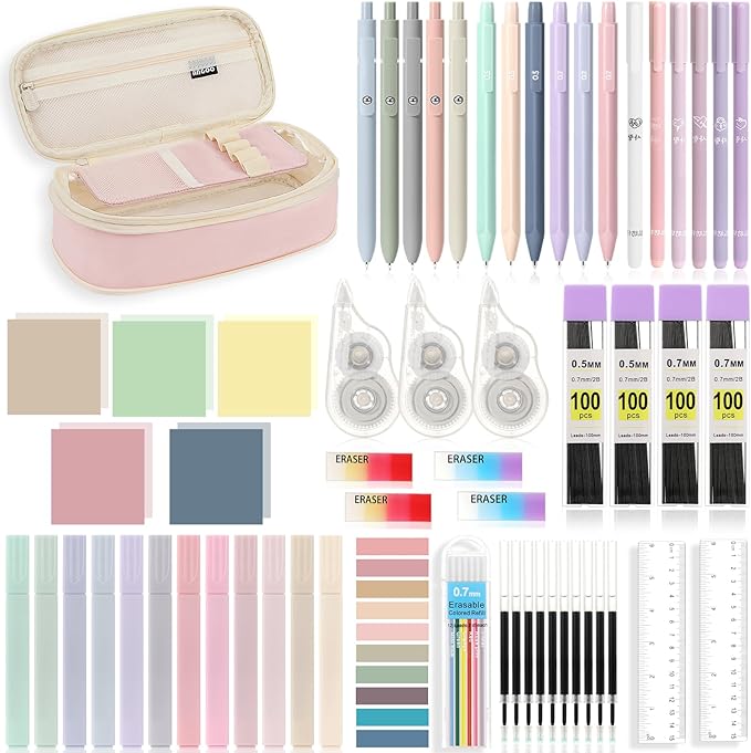 MoKo 60Pcs Aesthetic School Supplies with Cute Pencil Case (Pink), 12 Pastel Highlighters, 5 Black Ink Gel Pens, 6 Mechanical Pencil Set 0.5 & 0.7 mm for Students Stationary College Essentials