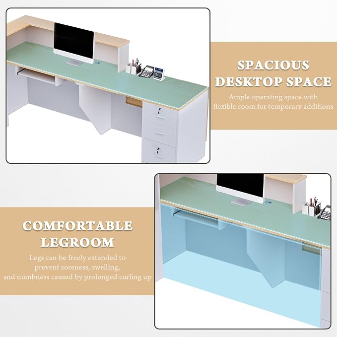 Ceridwen L-Shaped Large Wooden Reception Desk, Modern Front Desk Reception Counter with Lockable Drawers, Storage & Keyboard Tray for Office Lobby Checkout (Left-Oak & White, 71''L x 34''W x 41''H)