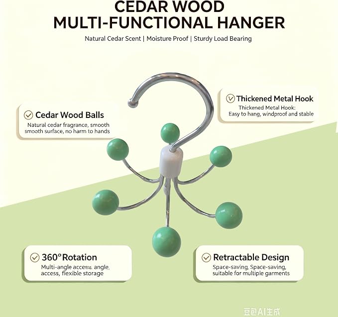 1 Pack 360° Swivel Hoodie Hangers with 6 Cedar Balls, Closet Organizer for Bra, Scarves, Belts, Purse & Accessories Storage-Green