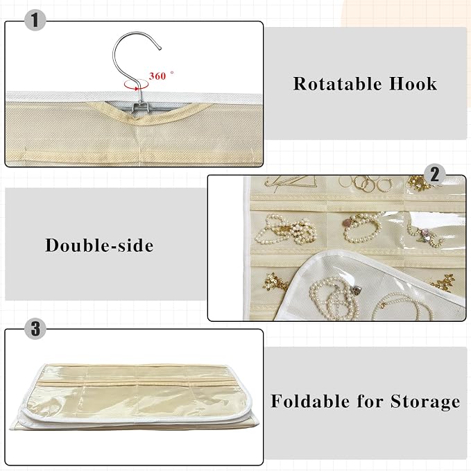 Hanging Jewelry Organizer 80-Pocket Double-Sided, 2-Pack, White and Beige | Foldable clear PVC 80-pocket storage; swivel hook fits walls, doors & rods to organize earrings, necklaces, bracelets & rings
