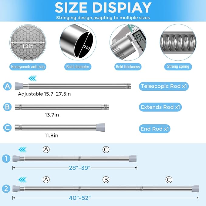 Tension Curtain Rod Silver Tension Rod 2pcs Spring Curtain Rod Non Slip Tension Rods For Windows 28 to 48 Inch No Drilling Adjustable Tension Rods of Curtain Window Closet Kitchen Wardrobe