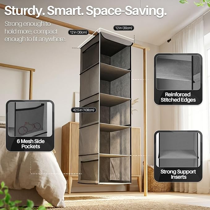Flexzion 5-Shelf Fabric Hanging Closet Organizer, 11.9-Inch Wide, Brown | Shelves for Dorms with 6 Side Mesh Pockets and 2 Metal Hooks; Open Storage for Clothes, Towels, and Accessories