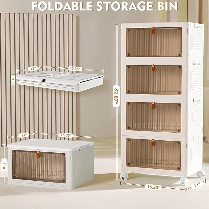 YFXCVSL 4 Tier Plastic Storage Bins with Lid 23QT, Stackable Storage Containers with Wheels, Folding Storage Boxes, Stackable Storage Bins, Closet Organizers and Storage for Living Room,Office,Dorm