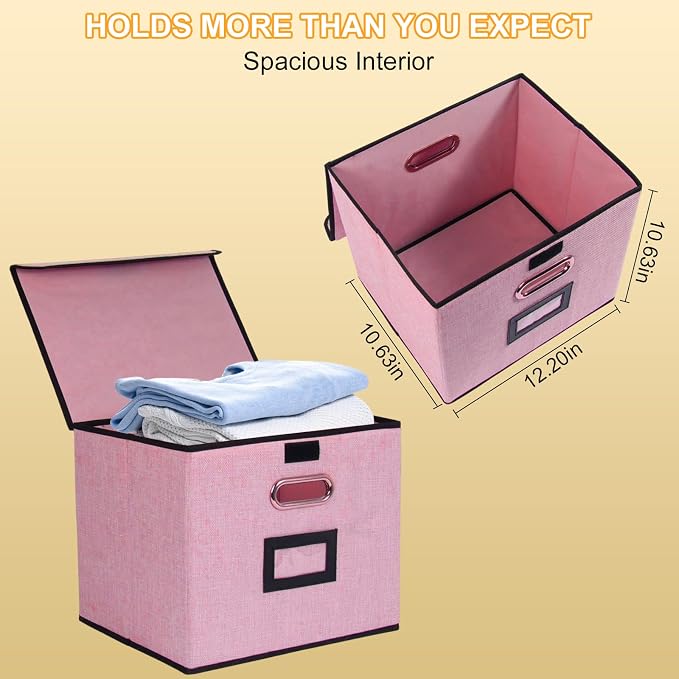 Large Square Storage Bin with Lid, Foldable Organizer Box with Handles & Label Design, for Office, Closet, Home, Documents, Pink, 12.20 x 10.63 x 10.63 Inches, 4 Pack