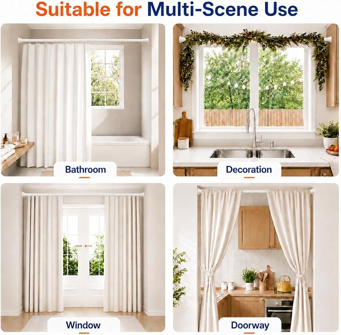 ALLZONE Heavy Duty Tension Shower Curtain Rod 28-42 Inches for Bathroom, Window, Non-Slip, Adjustable with Strong Spring Pole for Closet, Doorway, No Rust, No Drilling, White