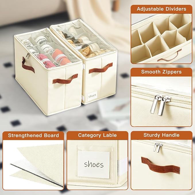 Shoe Organizer for Closet, Fits 32 Pairs, Beige, 4 Pack | Space Saving, Adjustable Dividers, Clear Cover, Reinforced Handles, Stackable & Foldable Farbic Shoe Storage Organizer Box