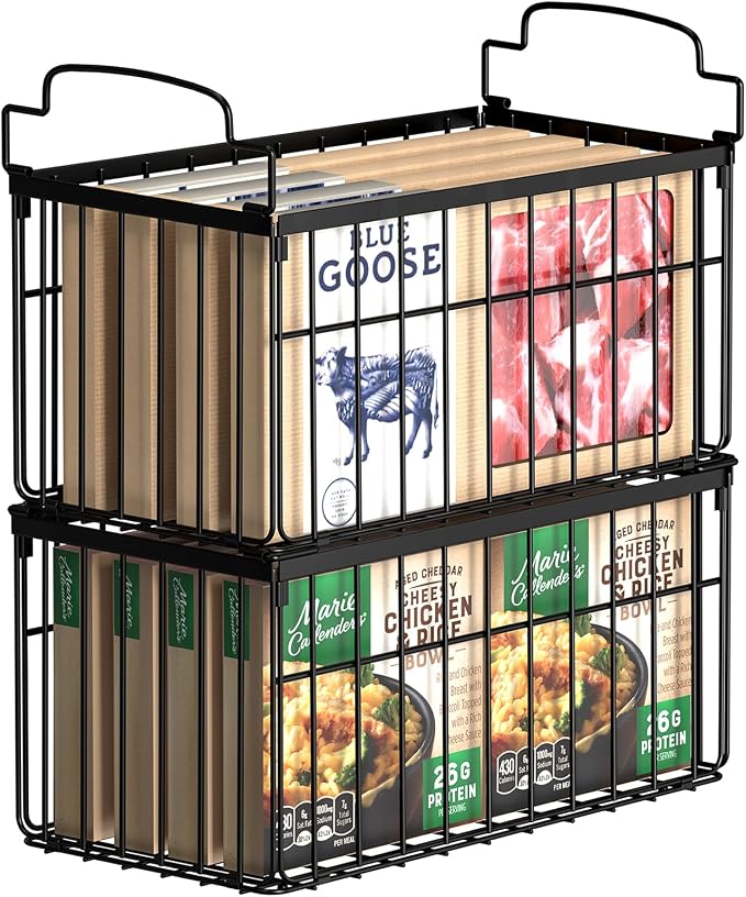 MSERCUOR Freezer Organizer Bins, 2 Pack Stackable Deep Chest Freezer Organizer Bins, Foldable Freezer Baskets with Handles, Black Freezer Storage Organizer Baskets for 5/ 7 Cu.FT Sort Frozen Meats
