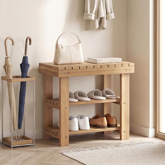 GOFLAME Wooden Shoe Rack Bench, 3-Tier Free Standing Entryway Bench Seat with Slatted Shelves, Shoe Storage Organizer for Entryway, Hallway, Bedroom, Living Room, Small Space, 19"x11"x18"