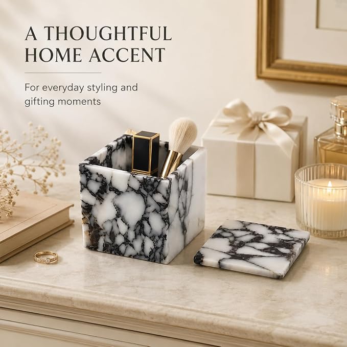 Natural Marble Square Storage Box with Lid, 3.94 in | A small lidded natural marble box that turns jewelry, cotton swabs, and hair ties into a polished vanity display.