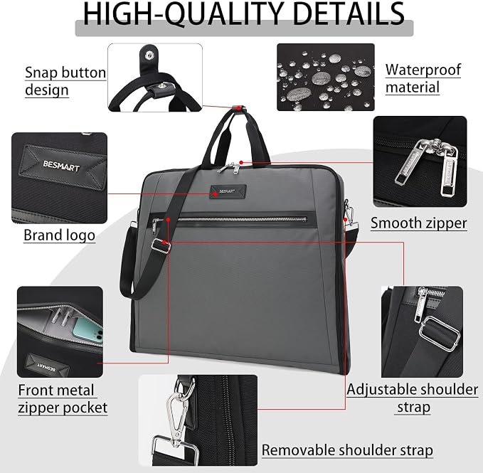 BESMART Garment Bags for Travel, 51" Large Suit Bag for Business Trips | Waterproof,Hangs 3 Suits,Foldable,Wrinkle Free Spacious Luggage Suit Cover,Adjustable Strap,Carry On Flight Approved,Grey