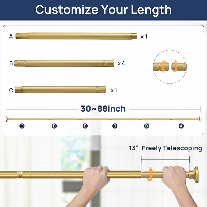 ENJOYBASICS Shower Curtain Rod 30 to 88 Inches, Stainless Steel Adjustable Spring Tension Rods No Drill for Bathroom, Closet, Window, Room Divider, Never Rust, Non Slip, Gold