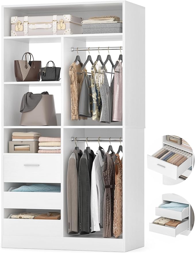 36 Inches Modular Closet Drawers System, 3FT Wood Closet Organiser with Closed & Half-Open Drawers, Walk-in Freestanding Wardrobe Storage Cabinet with 6 Shelves, White (36"L x 15" W x 80" H)