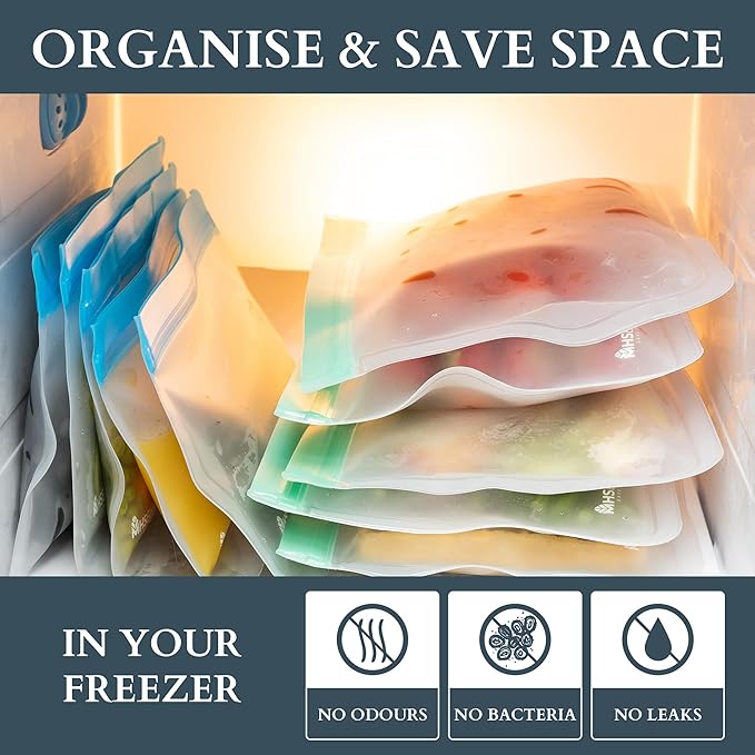 Reusable Freezer Bags | 15-Pack | M, L & XL Reusable Ziplock Bags | BPA Free & Leakproof Food Bags for Fridge Storage, Freezer Storage, Food Storage, & Batch Cooking