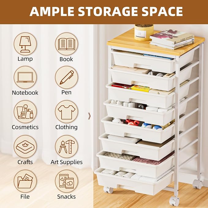 Rolling Storage Cart with 8 Drawers, Utility Cart with Wooden Tabletop and Lockable Wheels, Movable Craft Cart, Craft Storage Organizer for Living Room, Bedroom, Classroom, Office, White