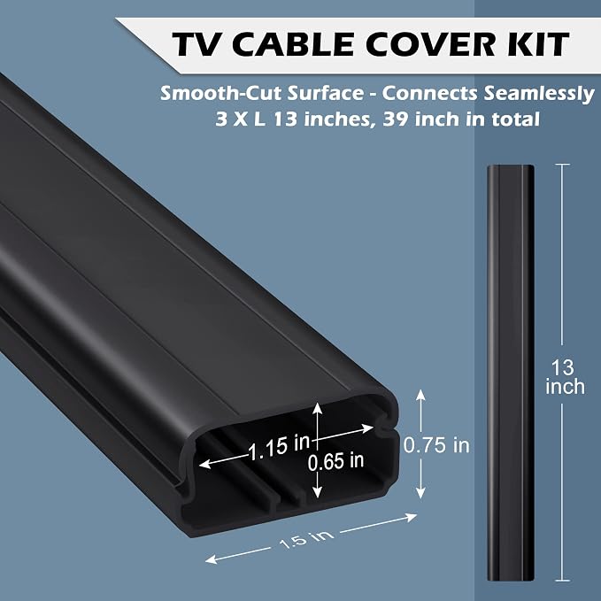 39in TV Cord Hider - Cord Covers for Wall Mounted TV Cable Hider Wall Kit | Wire Hiders for TV on Wall, Wire Covers for Cords, Cable Concealer Hide Cords, 1.5"W*0.75"H*13inL*3, Black