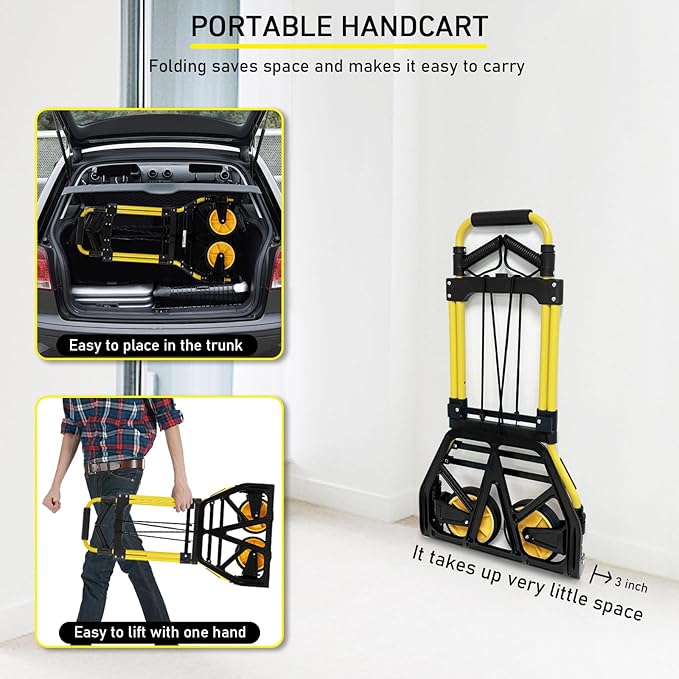 Folding Hand Truck and Dolly, 440lbs Capacity Portable Luggage Dolly Cart with Rubber Wheels and Retractable Handle, Aluminum Foldable Hand Cart for Transportation/Luggage/Mobile/Travel/Office Use