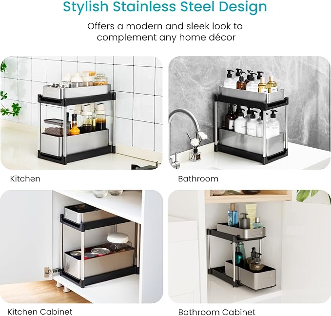 Home Zone Living 2-Tier Stainless Steel Cabinet Pull Out Organizer for Kitchen and Bathroom Storage